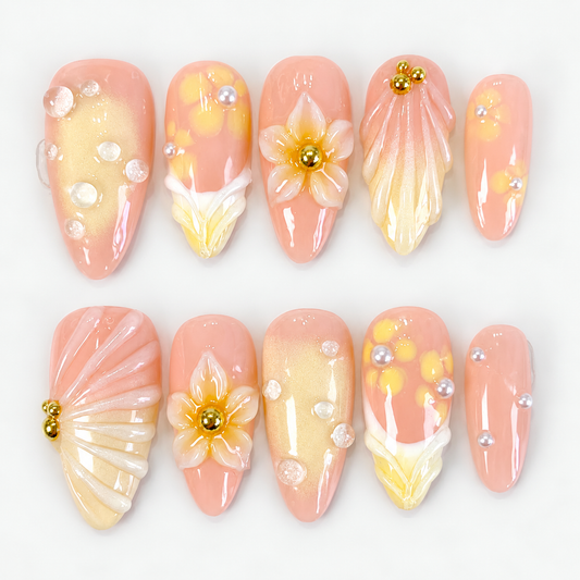 Yellow ombre 3D flower french tips press on nails PO213