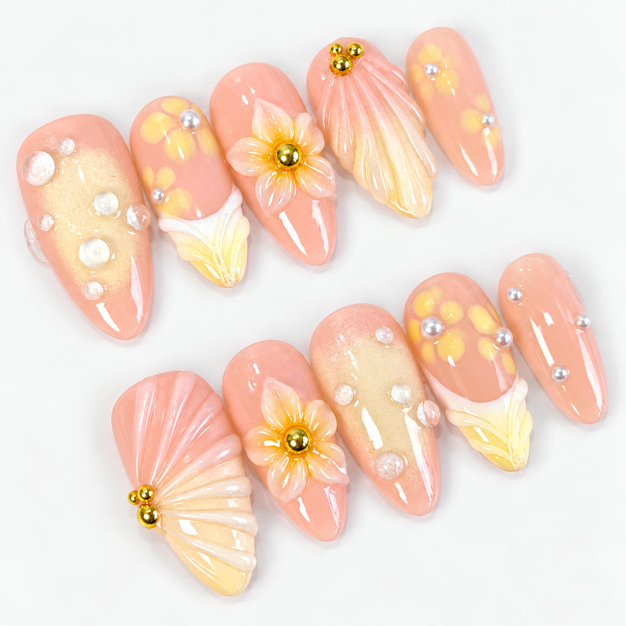 Yellow ombre 3D flower french tips press on nails PO213