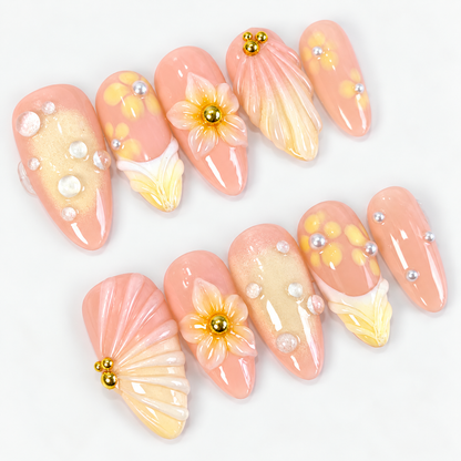 Yellow ombre 3D flower french tips press on nails PO213