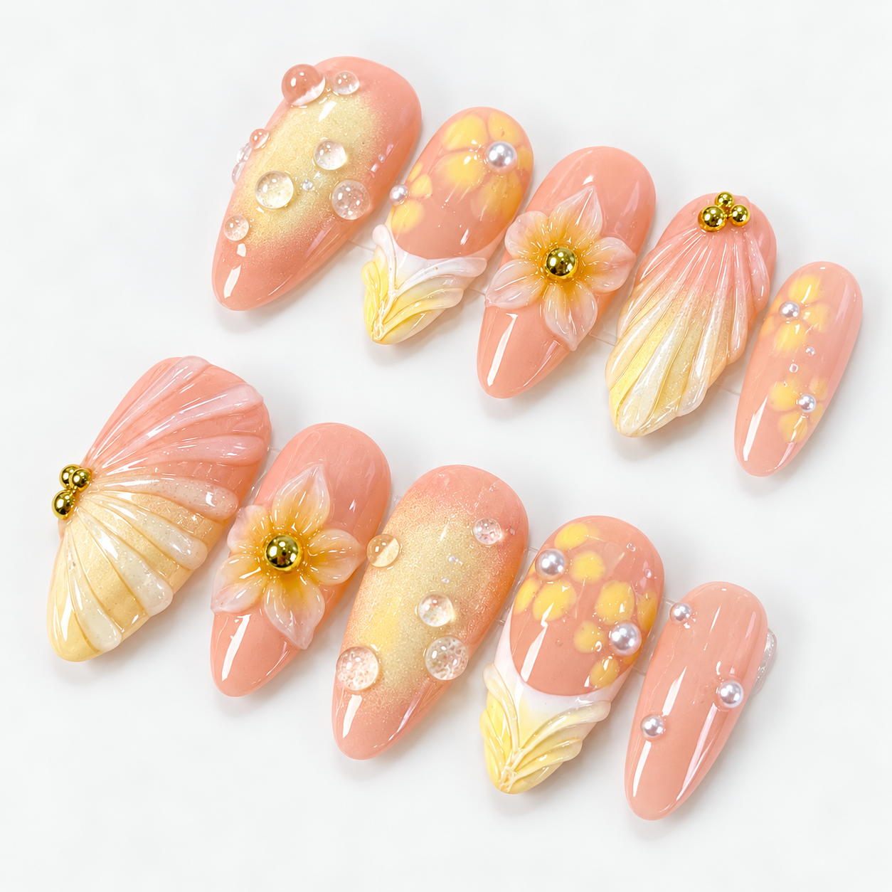 Yellow ombre 3D flower french tips press on nails PO213