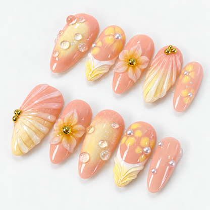 Yellow ombre 3D flower french tips press on nails PO213