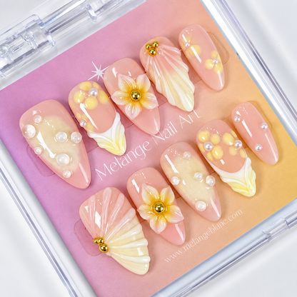 Yellow ombre 3D flower french tips press on nails PO213