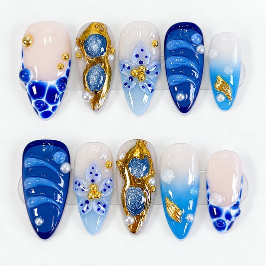 Ocean blue flower beach with gold chrome press on nails PO210