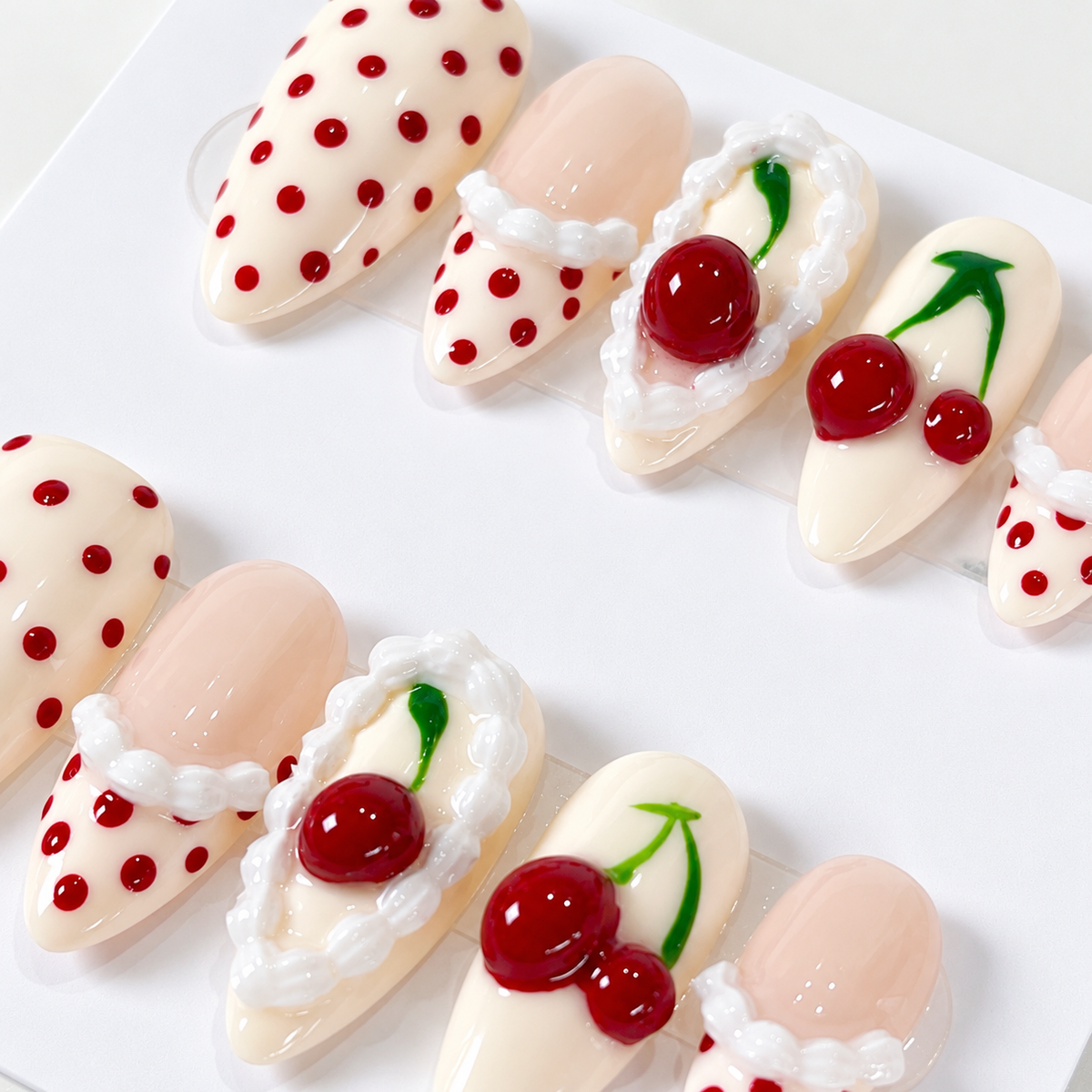 Cherry cake polkadot press on nails PO226