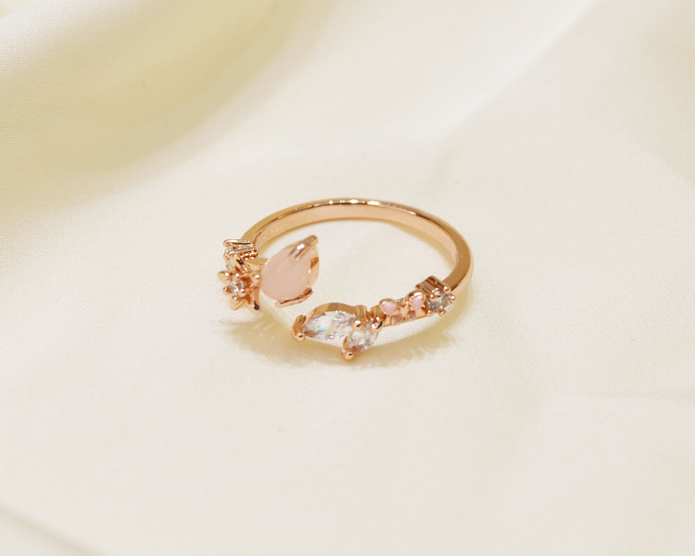 R013 rose gold pink gem crystal open flower ring sale