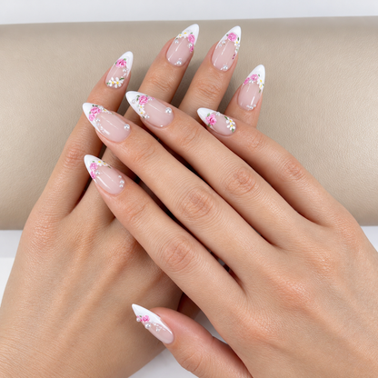 White french floral with pearls press on nails PO227