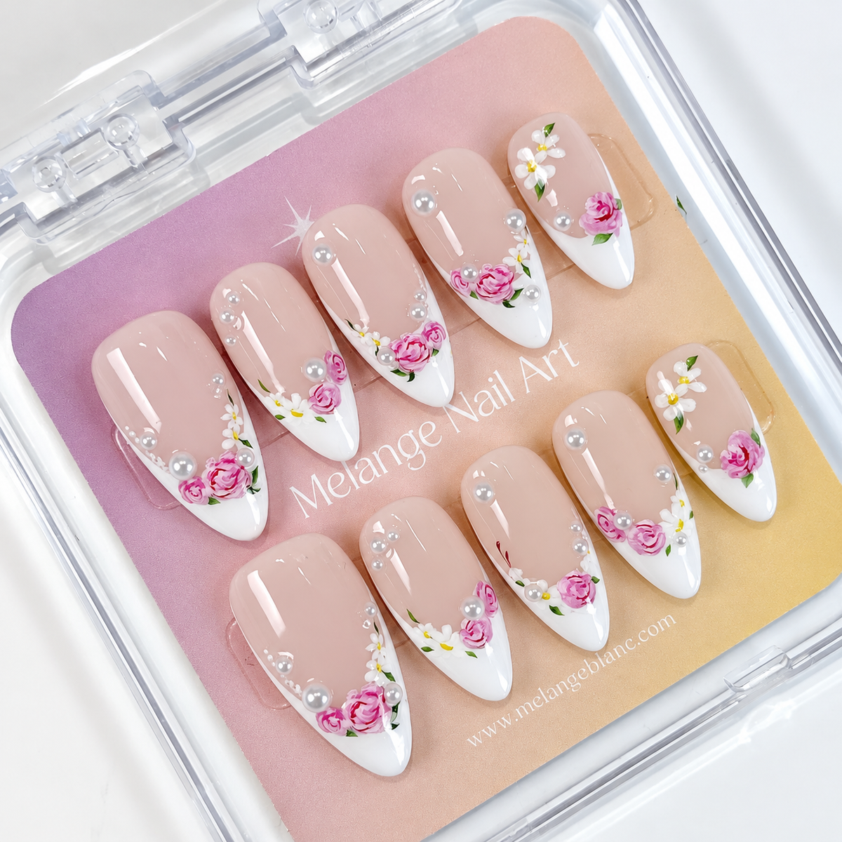 White french floral with pearls press on nails PO227
