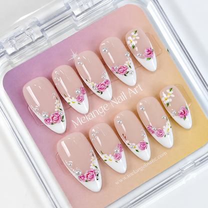 White french floral with pearls press on nails PO227
