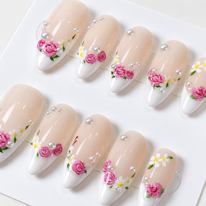 White french floral with pearls press on nails PO227