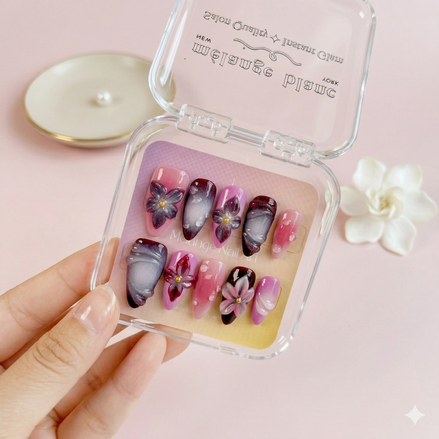 Purple 3D Flower & Pink Ombre Press On Nails