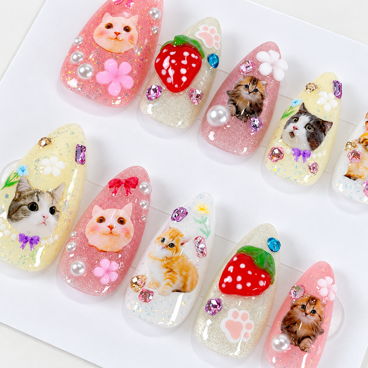 Pink & yellow cute cat strawberry press on nails PO225