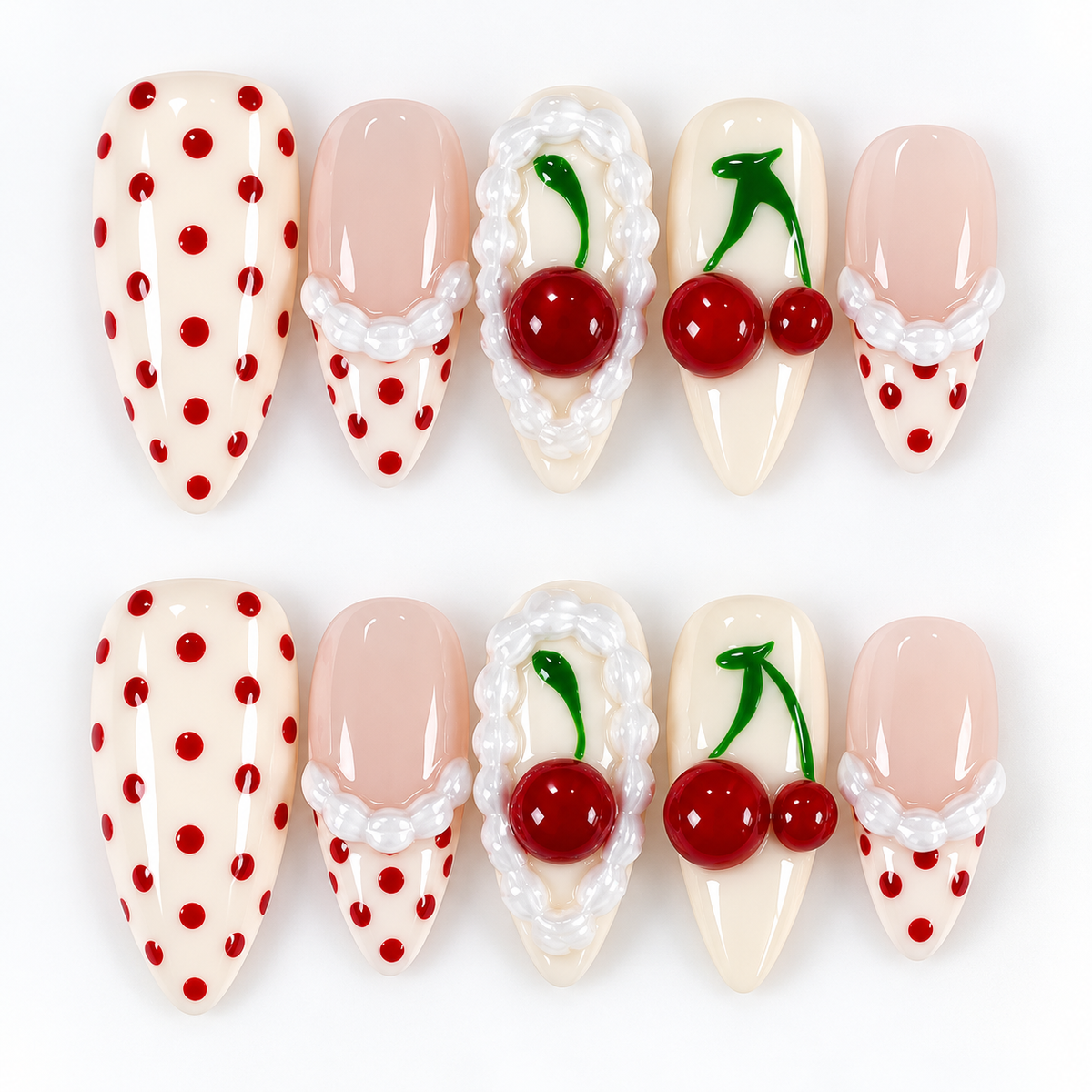 Cherry cake polkadot press on nails PO226