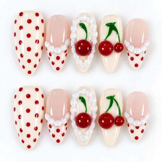 Cherry cake polkadot press on nails PO226