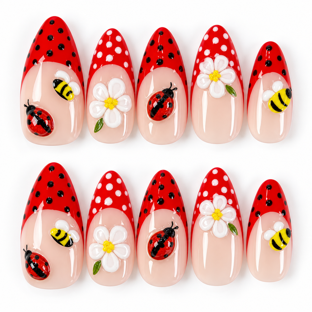 Red french tips polkadot ladybug press on nails PO229