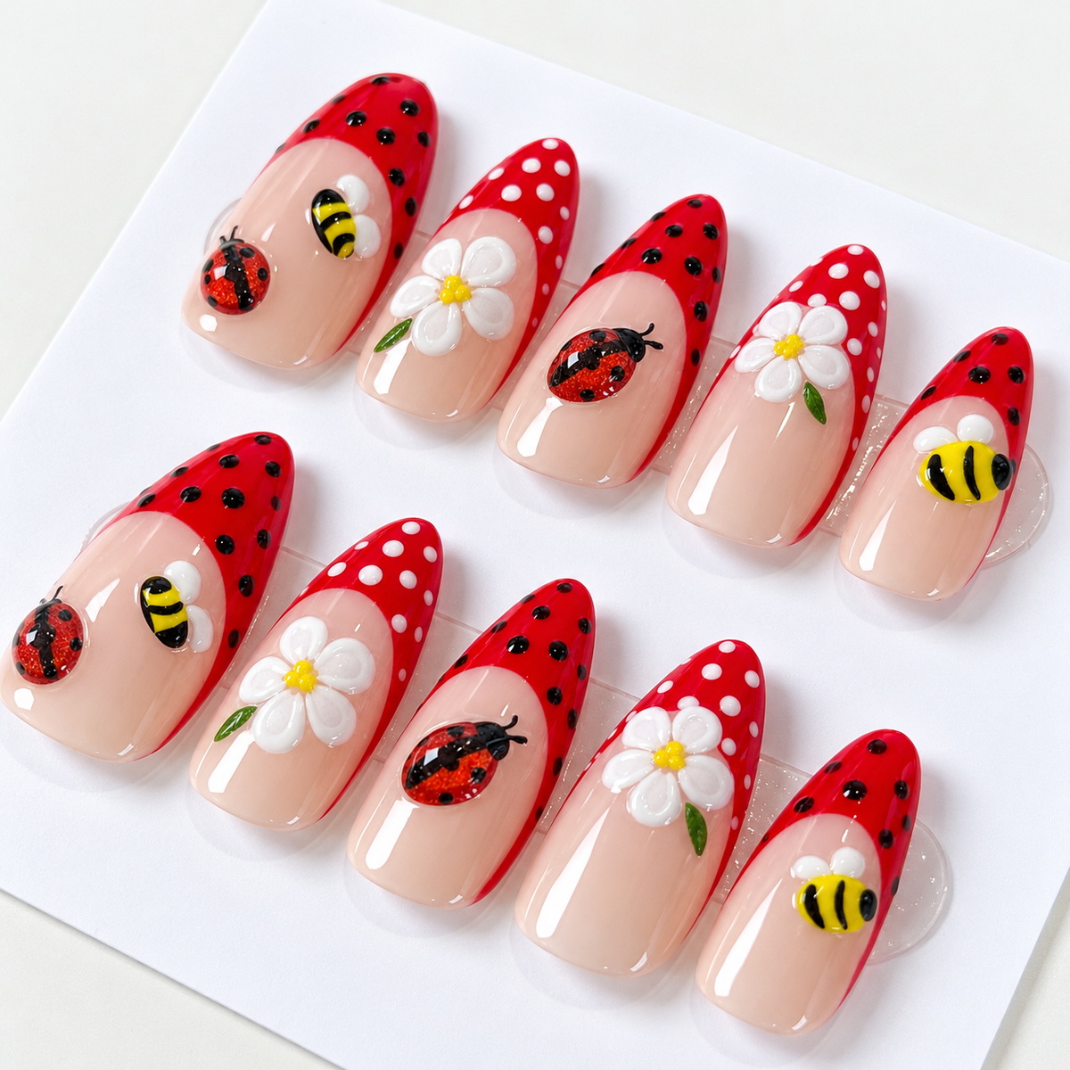 Red french tips polkadot ladybug press on nails PO229