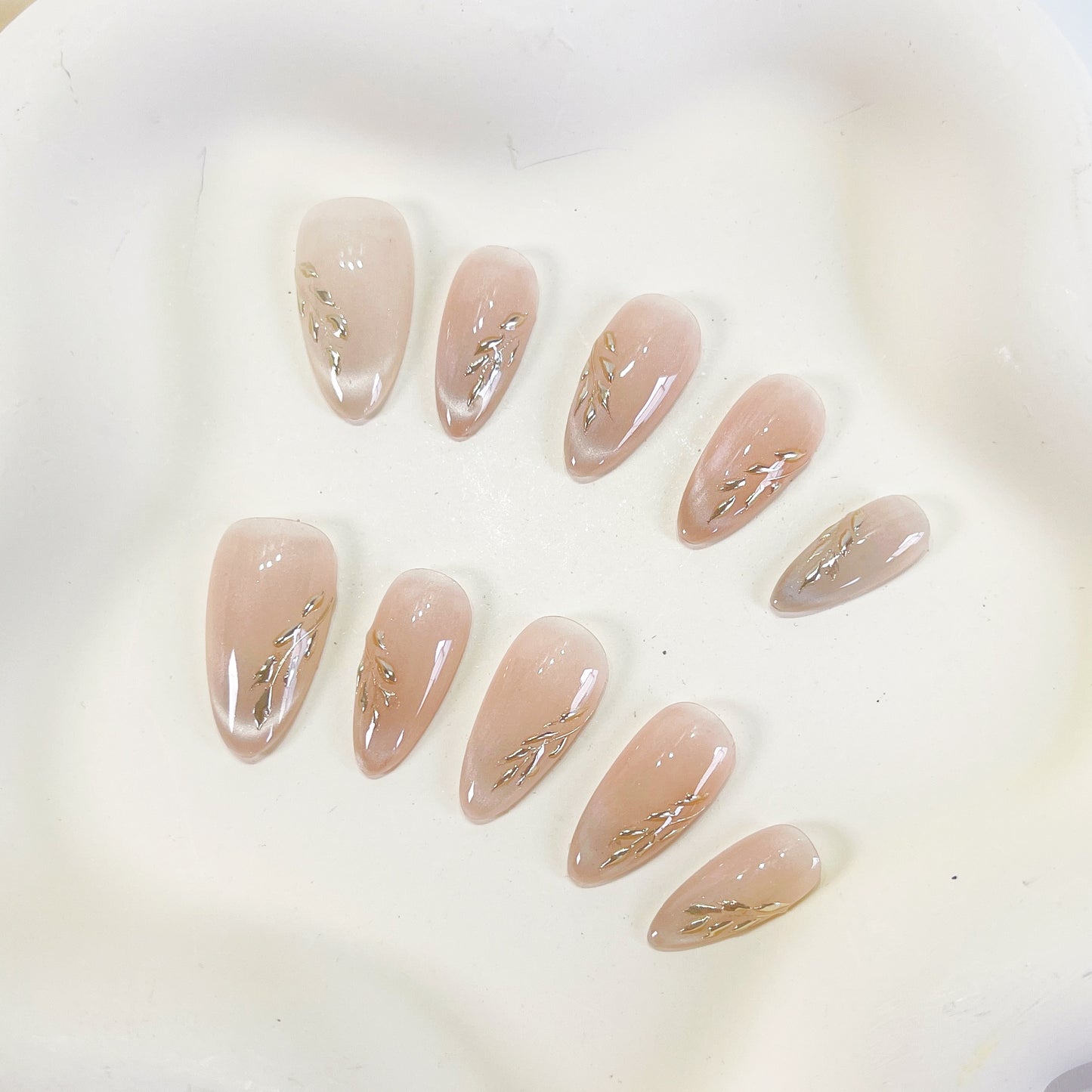 PO097 cat eye flower nails, cat eye nails, gold chrome press on nails