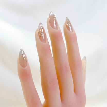 PO097 cat eye flower nails, cat eye nails, gold chrome press on nails