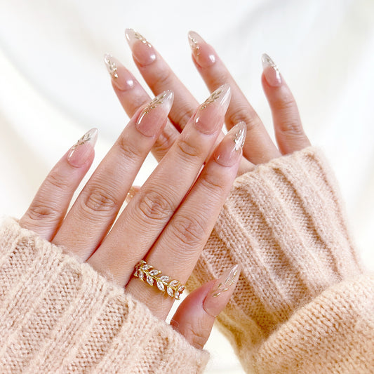 PO097 cat eye flower nails, cat eye nails, gold chrome press on nails