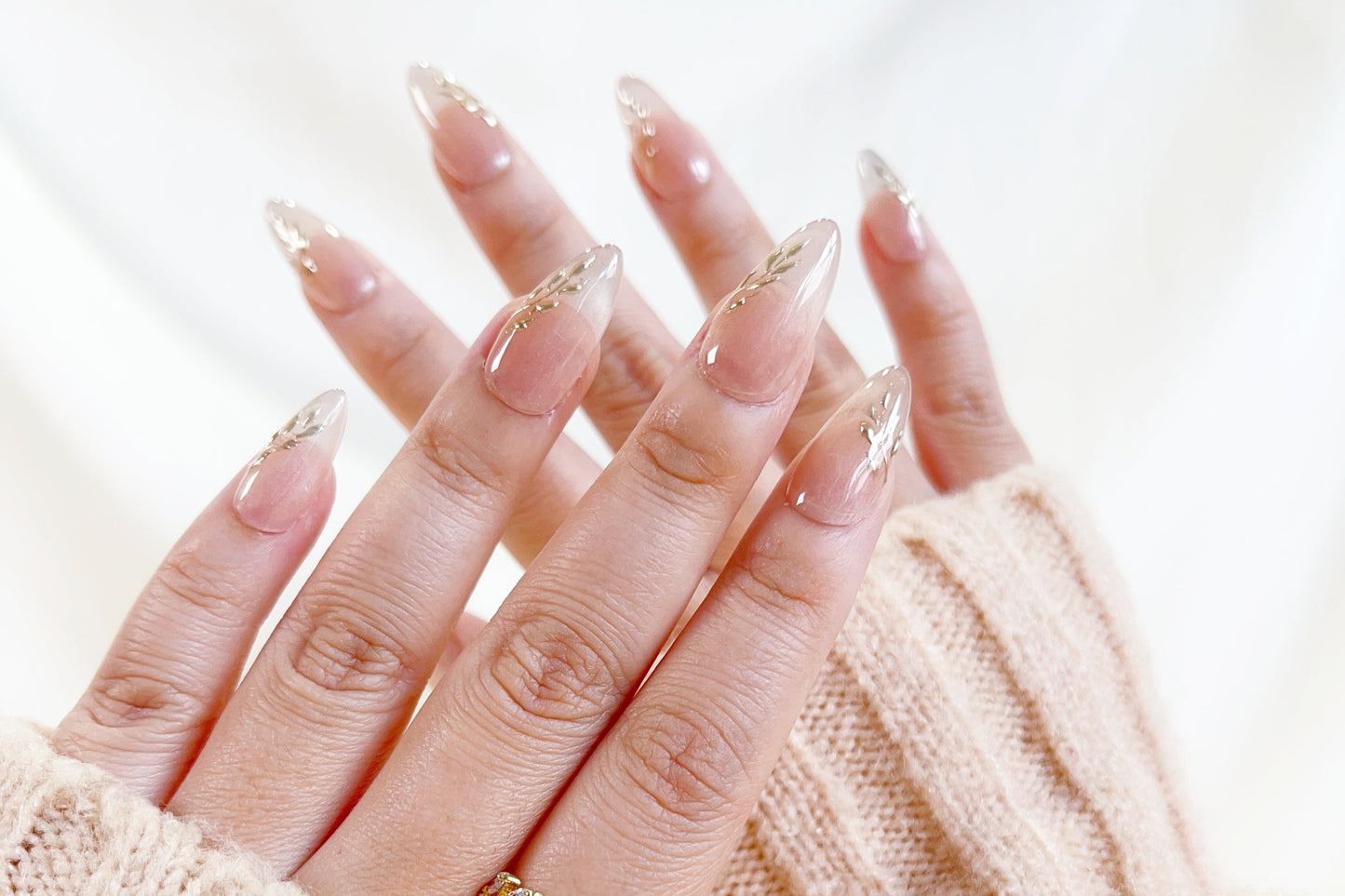 PO097 cat eye flower nails, cat eye nails, gold chrome press on nails