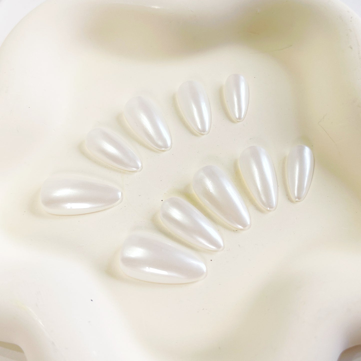 PO098 glazed donut nails, pearl white nails, Glazed Pearl Almond Press On Nails