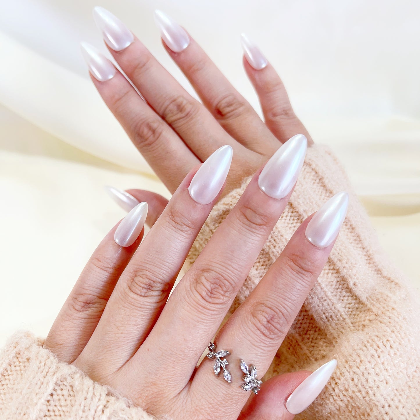 PO098 glazed donut nails, pearl white nails, Glazed Pearl Almond Press On Nails