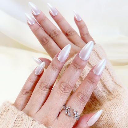 PO098 glazed donut nails, pearl white nails, Glazed Pearl Almond Press On Nails