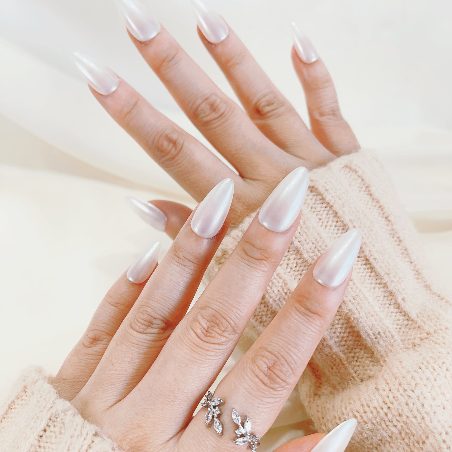 PO098 glazed donut nails, pearl white nails, Glazed Pearl Almond Press On Nails
