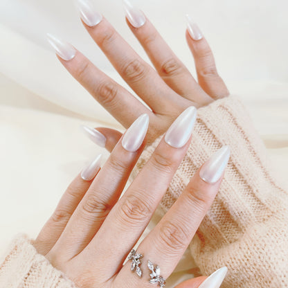 PO098 glazed donut nails, pearl white nails, Glazed Pearl Almond Press On Nails