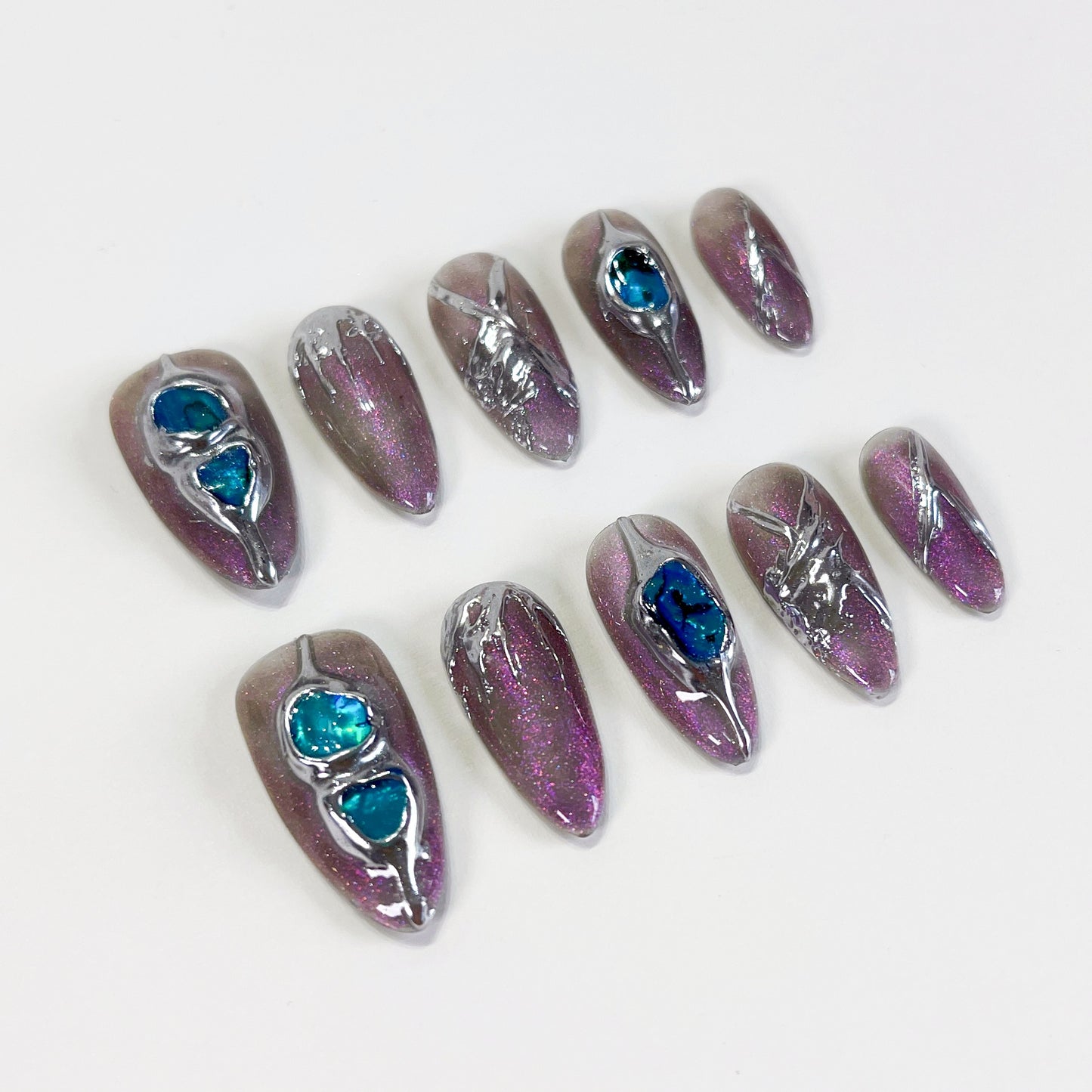 PO100 3d metallic chrome nails, 3d chrome nails, silver chrome glitter nails