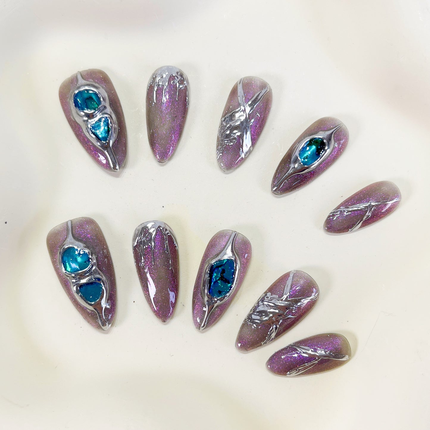 PO100 3d metallic chrome nails, 3d chrome nails, silver chrome glitter nails