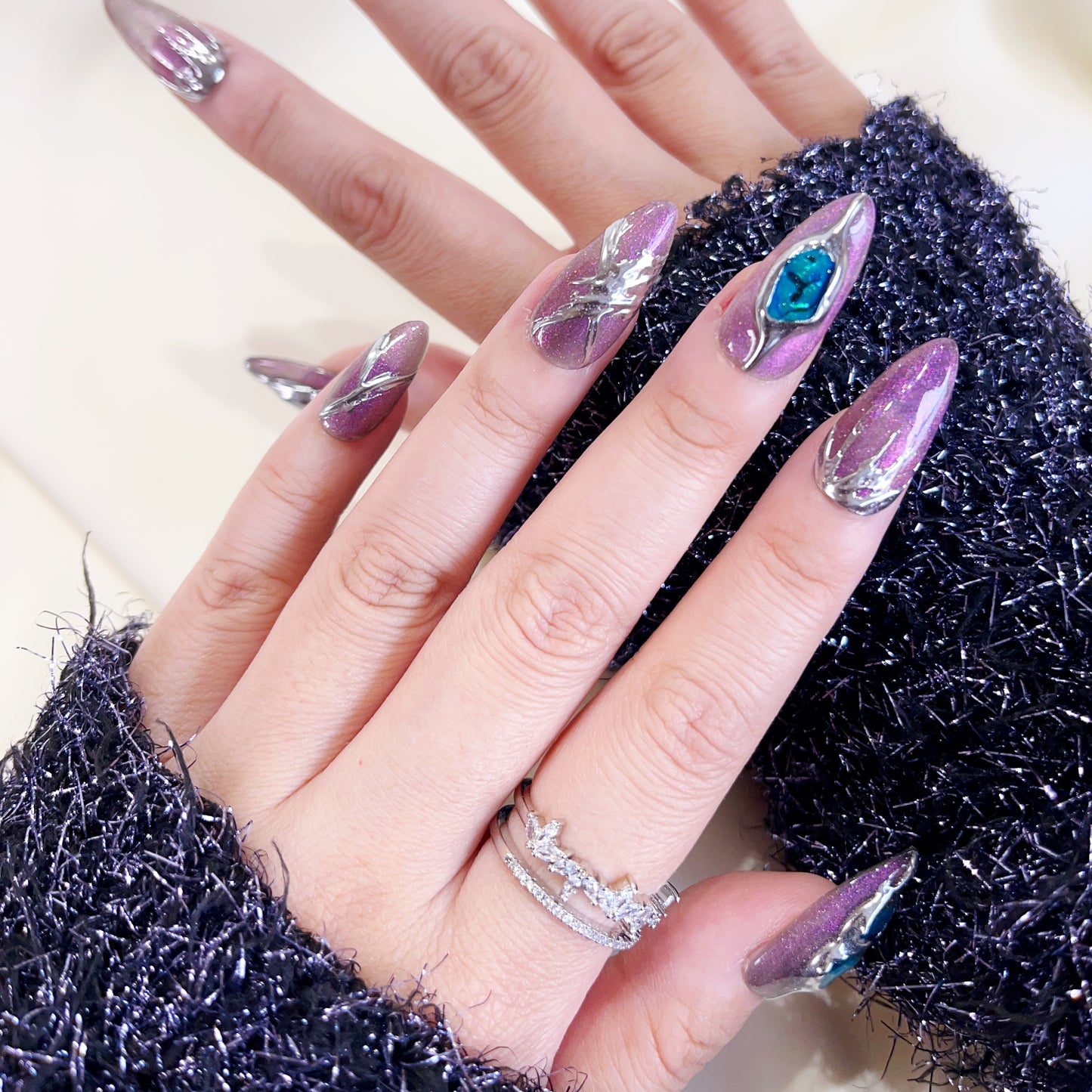 PO100 3d metallic chrome nails, 3d chrome nails, silver chrome glitter nails