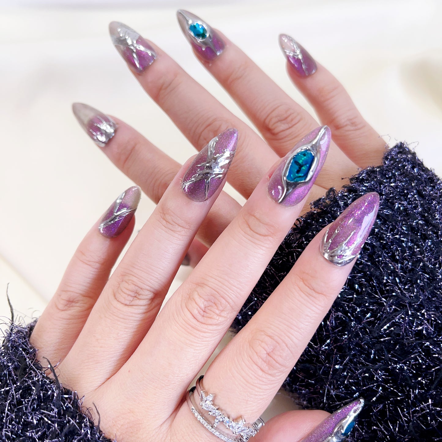 PO100 3d metallic chrome nails, 3d chrome nails, silver chrome glitter nails