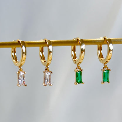 E166 gold baguette dangle huggie hoop earrings