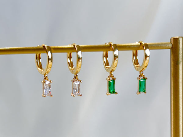 E166 Gold filled huggie hoop earrings, emerald earrings