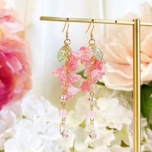 E236 pink flower earrings, lily of the valley earrings