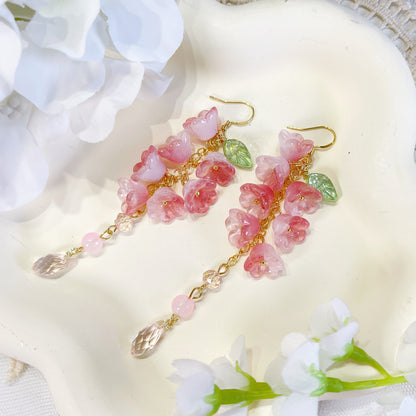 E236 pink flower earrings, lily of the valley earrings