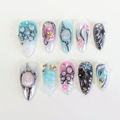 PO102 blue silver chrome galaxy abstract press on nails