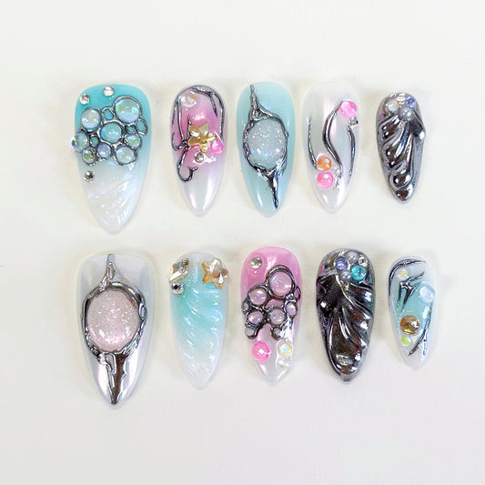 PO102 blue silver chrome galaxy abstract press on nails