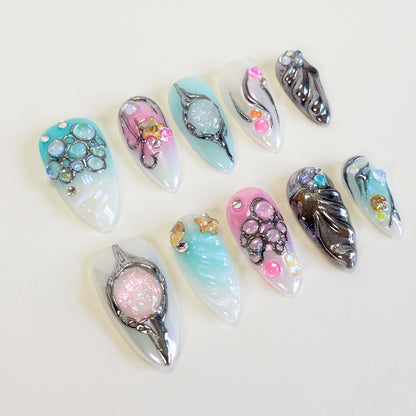 PO102 blue silver chrome galaxy abstract press on nails