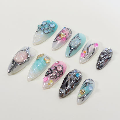 PO102 blue silver chrome galaxy abstract press on nails