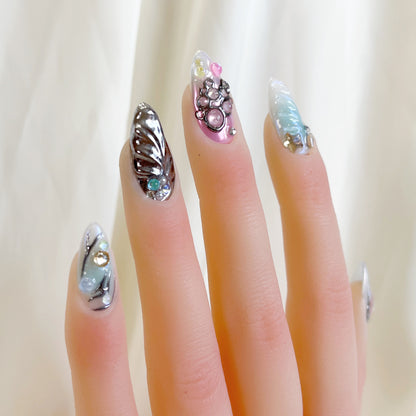 PO102 blue silver chrome galaxy abstract press on nails
