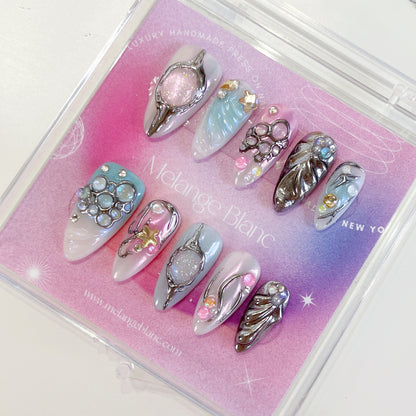 PO102 blue silver chrome galaxy abstract press on nails