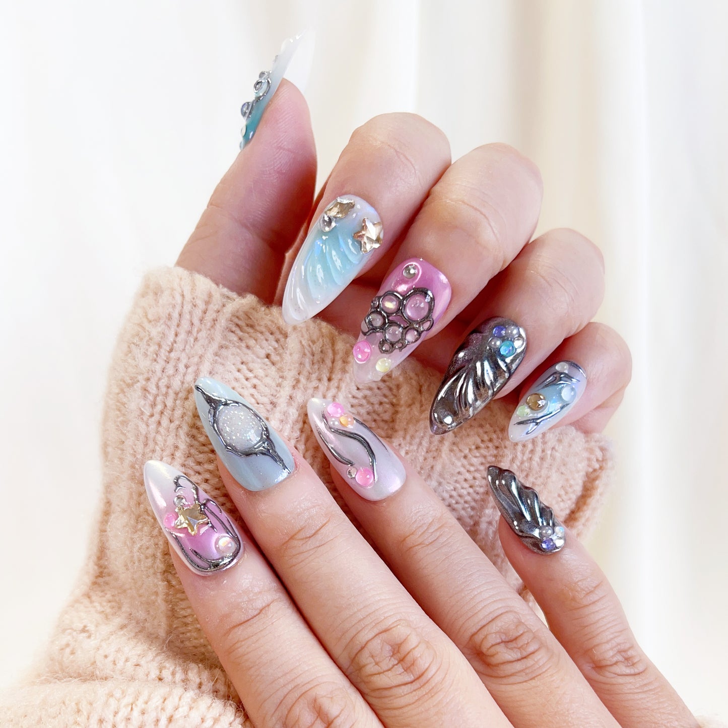 PO102 blue silver chrome galaxy abstract press on nails