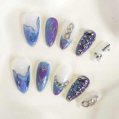 PO115 Purple Blue 3D silver chrome Press On Nails with chains