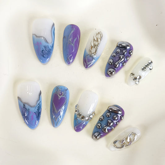 PO115 Purple Blue 3D silver chrome Press On Nails with chains