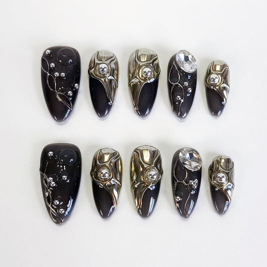 PO116 black Silver 3D Chrome Nails with Rhinestone gems