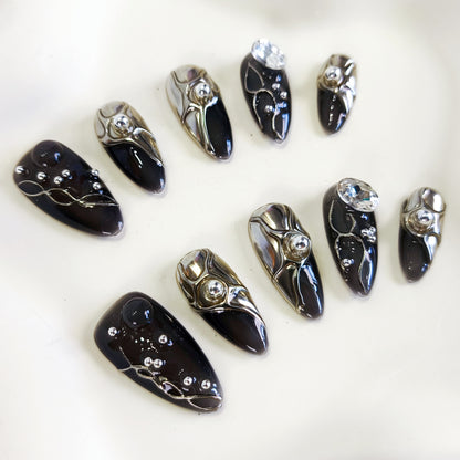 PO116 black Silver 3D Chrome Nails with Rhinestone gems