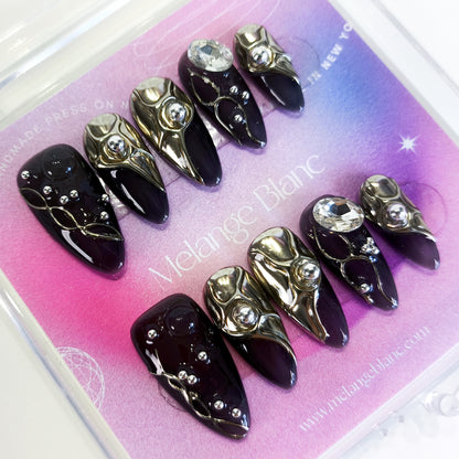 PO116 black Silver 3D Chrome Nails with Rhinestone gems