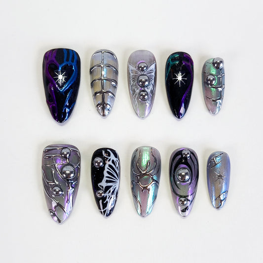 PO117 black & silver 3d chrome y2k press on nails