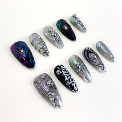 PO117 black & silver 3d chrome y2k press on nails